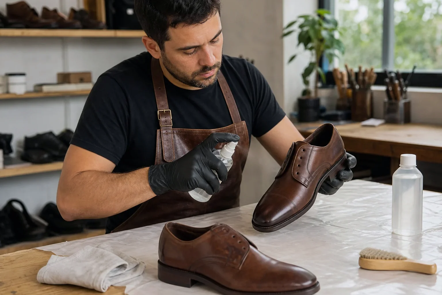 Sapateiro aplicando impermeabilizante em botas em Joinville.