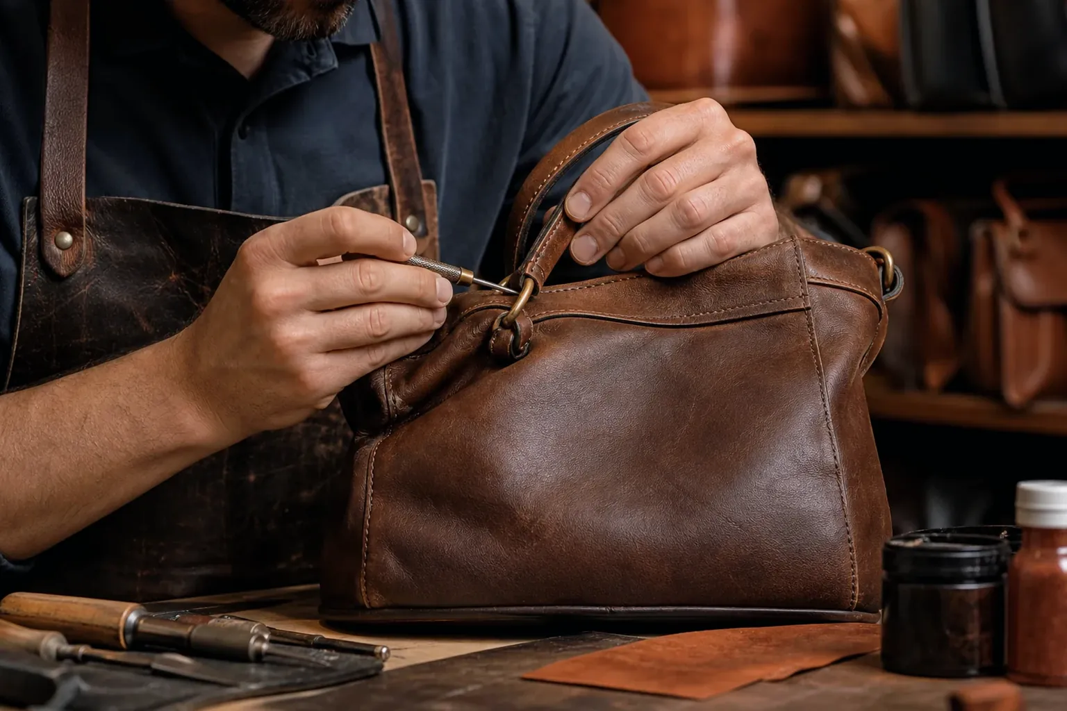 Sapateiro reformando uma bolsa de couro em Joinville.